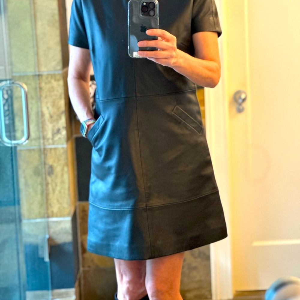 Balenciaga Leather mini dress with pockets. 36” bust, 38” hips, 35.5” length.